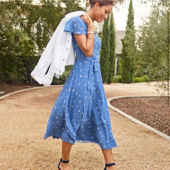 NEW! Talbots Scattered Floral Tie Front Midi Dress 6 Petite Daisy Blue Wedding - Picture 2 of 8